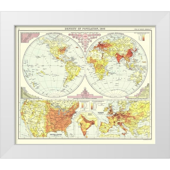 Bartholomew 17x15 White Modern Wood Framed Museum Art Print Titled - Global Density of Population - Bartholomew 1906