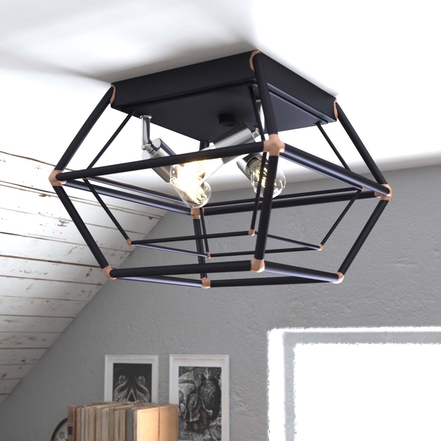 Bartlett 18" Industrial Cage Flush Mount Ceiling Light in Bronze and Satin Nickel