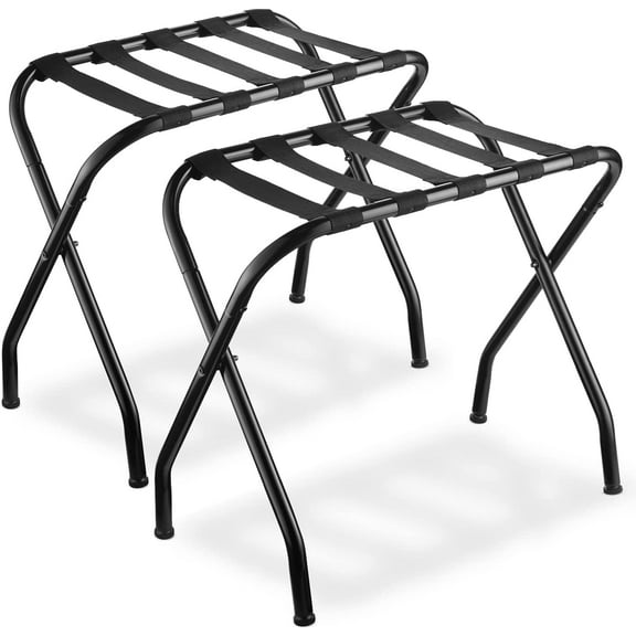 Bartnelli 2-Pack Folding Luggage Rack Collapsible Metal Suitcase Stand with Durable Black Nylon Straps- for Bedroom, Guest Room, or Hotel (Black Steel)
