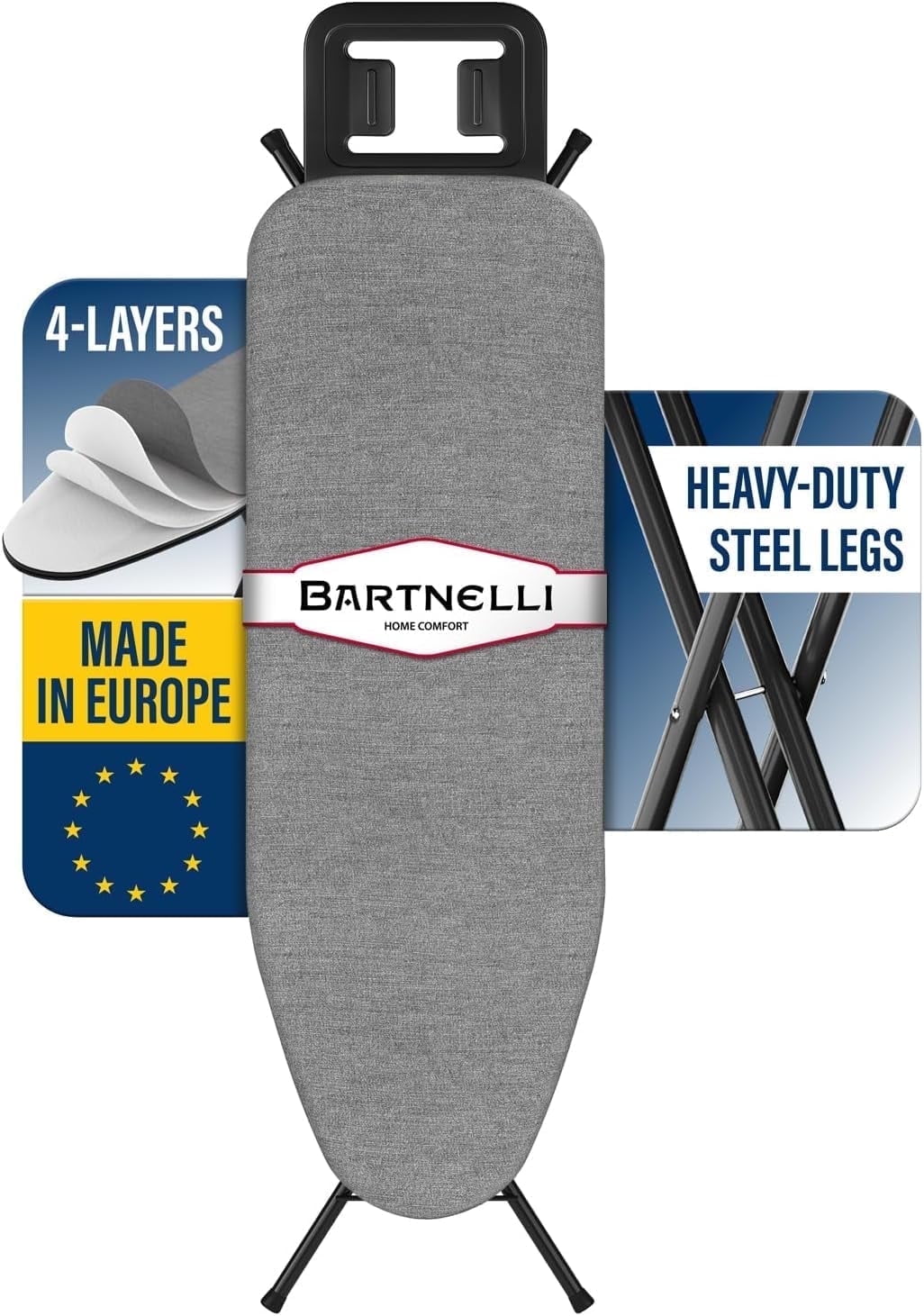 Bartnelli Classic Adjustable Ironing Board with 4-Layer Cover and Pad, Stable Steel Frame, Foldable Black Gray Iron Table
