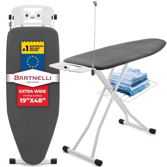 Bartnelli Extra Wide Pro Ironing Board 19x48 Surface with Iron Rest, Cord Holder and Shelf