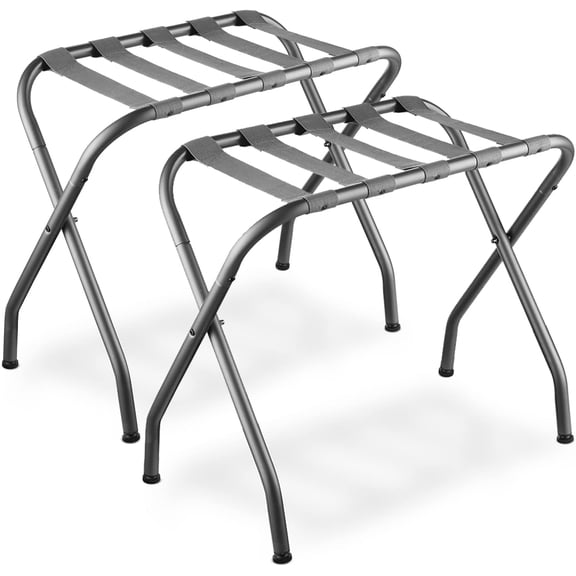 Bartnelli Folding Luggage Rack & Metal Suitcase Stand with Nylon Strap, Gray 2-Pack