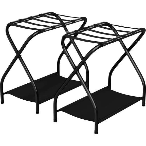 Bartnelli Folding Luggage Rack 2-Pack with Nylon Straps and Lower Storage Shelf, Heavy Duty Black Luggage Rack Stand