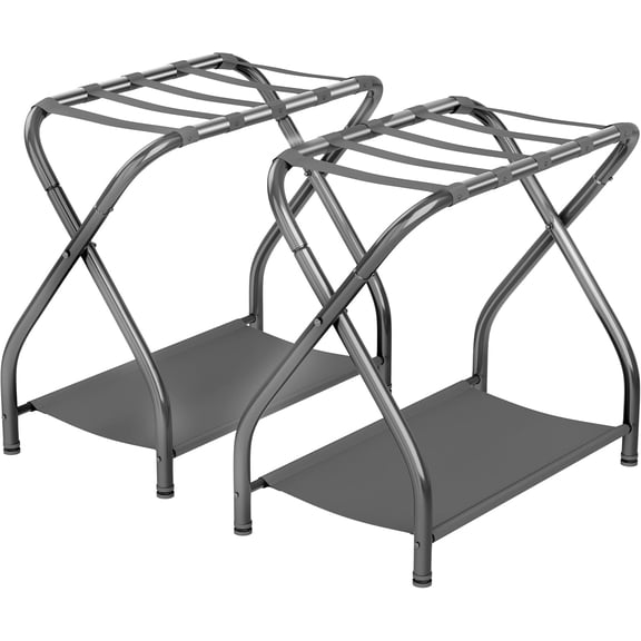 Bartnelli Folding Luggage Rack 2-Pack with Nylon Straps and Lower Storage Shelf, Heavy Duty Gray Luggage Rack Stand