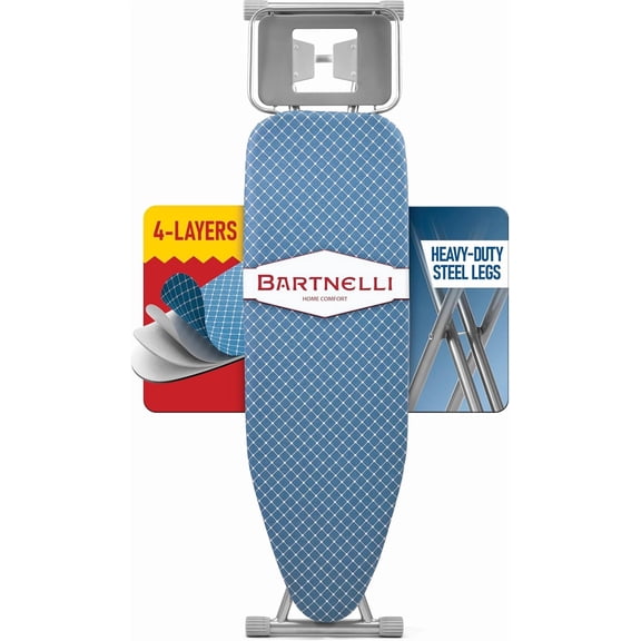 Bartnelli Premium Full-Size Ironing Board, 45" x 15" Surface, Adjustable Height, Heavy-Duty 4-Leg Steel Frame, Iron Rest, Hanger Rack and 4-Layer Cotton Pad, Gray/Blue