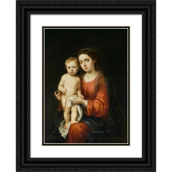 Bartolomé Estebán Murillo 19x24 Black Ornate Framed Double Matted Museum Art Print Titled: The Virgin and Child with a Rosary (C. 1670-1680)