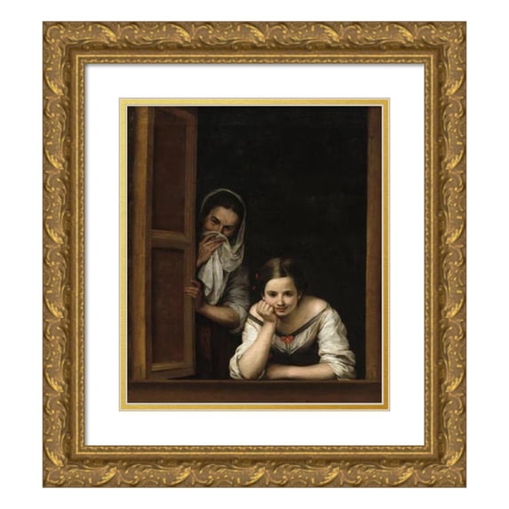 Bartolomé Estebán Murillo 20x23 Gold Ornate Framed and Double Matted Museum Art Print Titled - Two Women at a Window (C. 1655-1660)