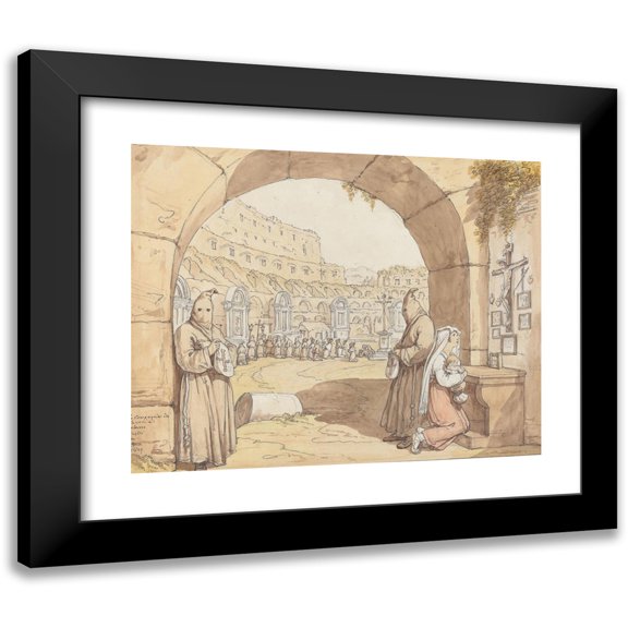 Bartolomeo Pinelli 14x12 Black Modern Framed Museum Art Print Titled - The Compagnia Dei Sacconi at the Colosseum (Penitent Praying at Altars in the Colosseum) (1829)