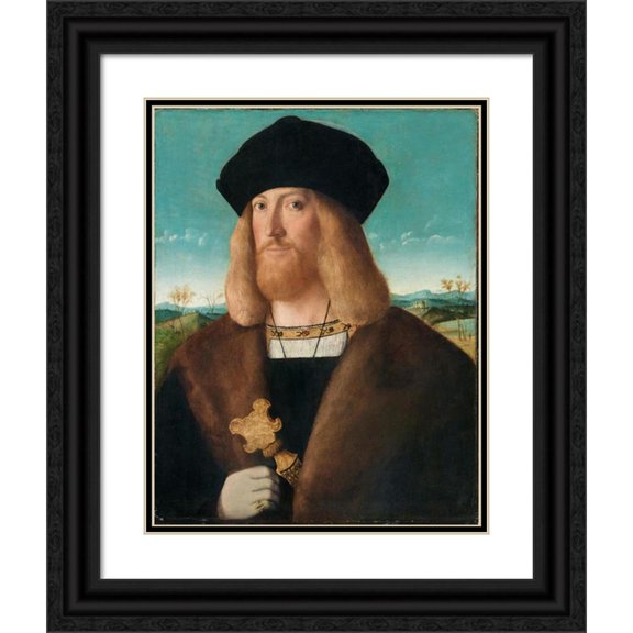 Bartolomeo Veneto 15x18 Black Ornate Wood Framed Double Matted Museum Art Print Titled - Portrait of a Bearded Man, Half-Length, Wearing a Fur-Lined Coat and Holding a Dagger, a Landsca