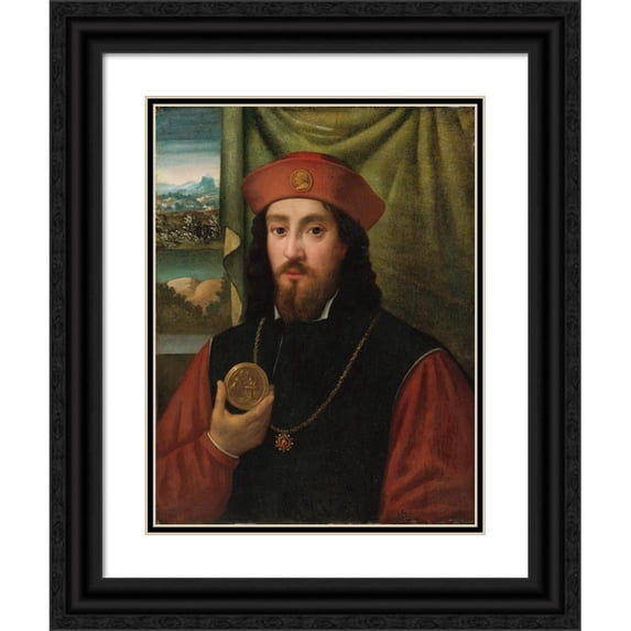Bartolomeo Veneto 15x18 Black Ornate Wood Framed Double Matted Museum Art Print Titled - Portrait of a Man Holding a Medal