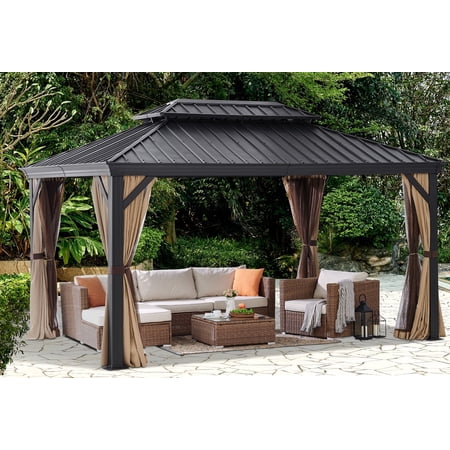 Barton 10' x 14' ft Outdoor Hardtop Gazebo Canopy Aluminum w/ Mesh Net Curtains Mosquito Netting UV-Resistant (Beige)