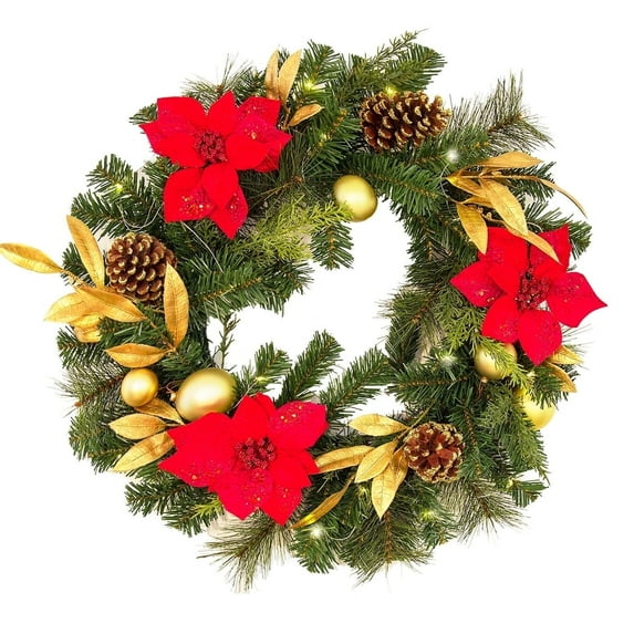 Barton 24" Pre-Lit Crestwood Spruce Artificial Christmas Wreath, Green, Warm White Lights, Pine Cones & Poinsettias, Indoor/Outdoor Holiday Décor