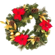 Barton 24" Pre-Lit Christmas Wreath with 25 Lights, Red Flowers, Ornaments & Pine Greenery, 70 Tips