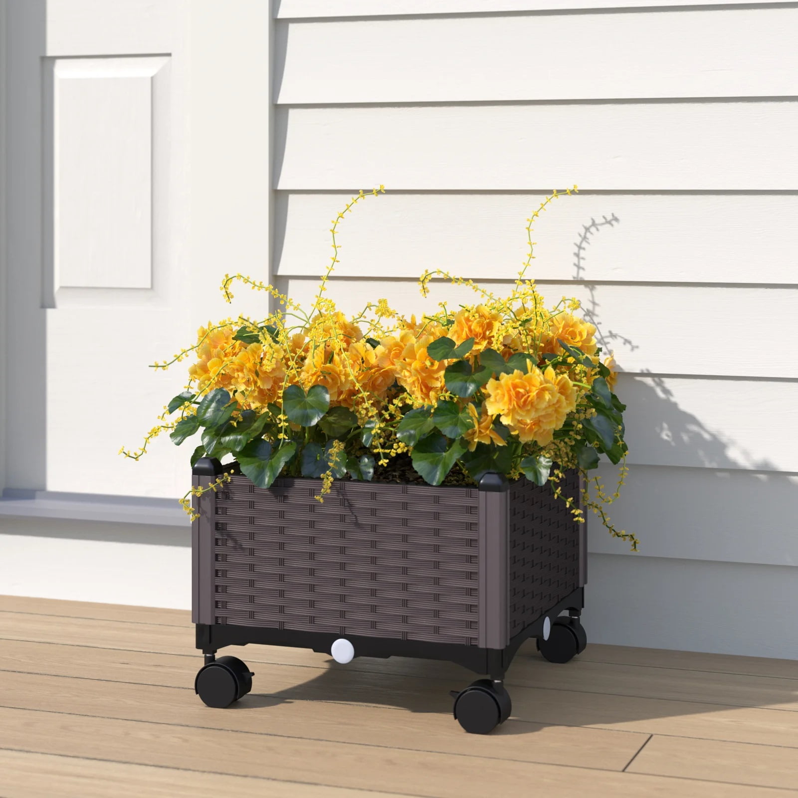 Barton Brown Wicker Raised Garden Planter Box with Wheels