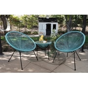 Barton 3-Piece Acapulco Patio Bistro Set, 2 Outdoor Woven Chairs & Glass Top Side Table, Balcony Conversation Furniture, Aqua