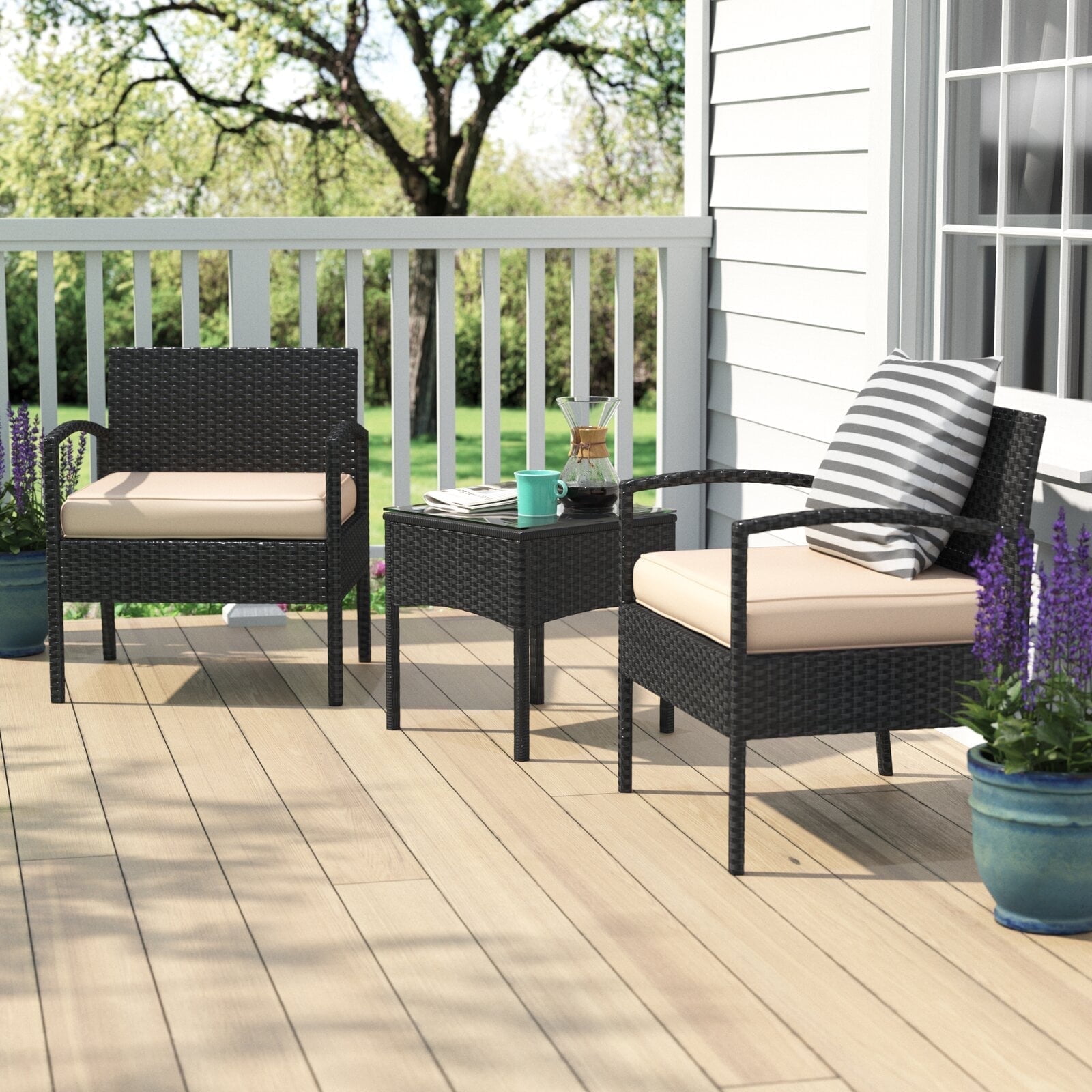 Black Steel Frame 3-Piece Patio Set with Beige Cushions and Glass Table