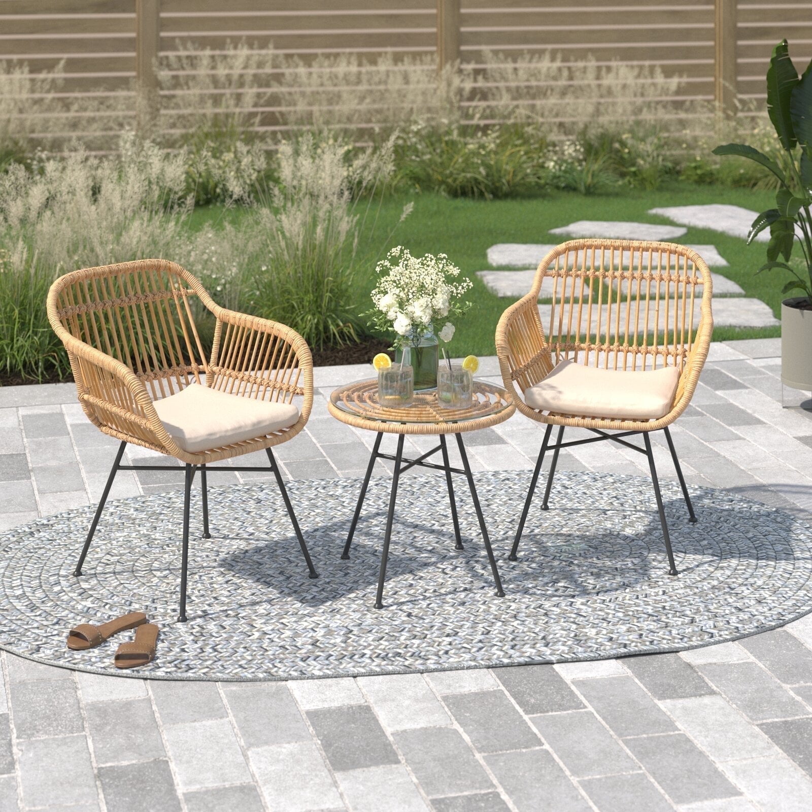 Barton 3-Piece Outdoor Patio Furniture Set, Weather-Resistant Wicker Chairs & Table with Cushions, Beige