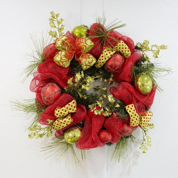 Barton Christmas Wreath with Red Ribbon & Bows, Green Spruce, Indoor Outdoor Holiday Decor, 35 inches
