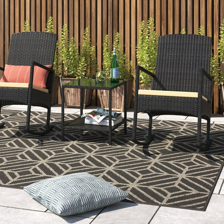 Barton 3Pcs Patio Rocking Chair High Backrest Seat Glass Coffee Table Set Outdoor Porch Garden Beige