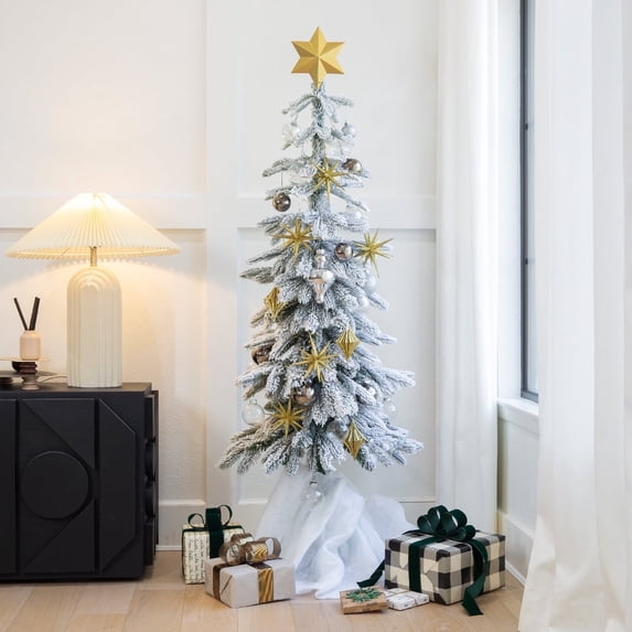 Barton Flocked Pencil Christmas Tree 4.6 ft, Slim Artificial Holiday Tree with Pot Base, Unlit Skinny Design