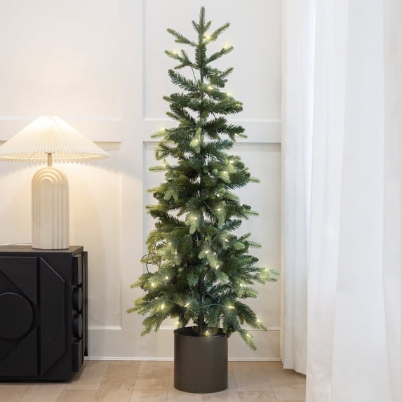 Barton Alpine Pencil Christmas Tree, Pre-Lit Slim Artificial Holiday Decoration, 4.6' Lighted Skinny With Pot Base, Warm White Lights