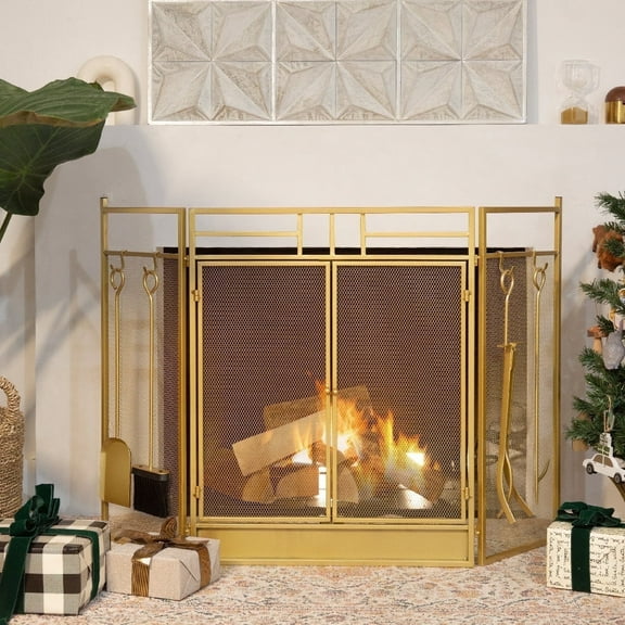 Barton 48" 3-Panel Fireplace Screen with Hinged Doors, Foldable Metal Spark Guard, Includes 4-Piece Fireplace Tool Set, Gold