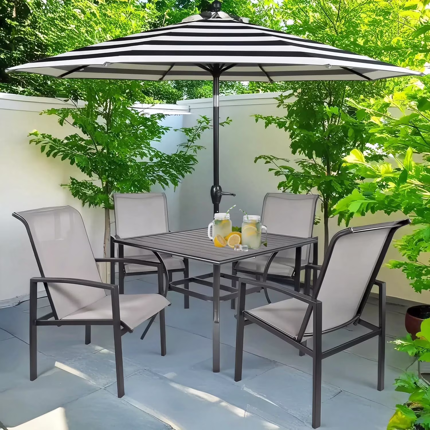 Barton 5-Piece Outdoor Patio Dining Set, Vienna Gray Square Cast Iron Table with 4 All-Weather Mesh Armchairs