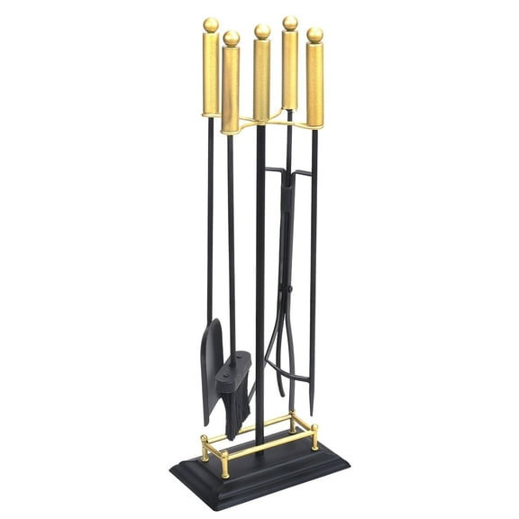 Barton 29" 5-Piece Fireplace Tool Set with Stand, Wrought Iron Tools with Gold Handles, Indoor Fireplace/Outdoor Fire Pit Fireset