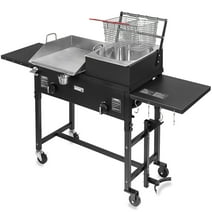 Barton 58,000 BTU Outdoor Gas Propane Double Burner Stove Cook Station Flat Top Griddle & Deep Fryer BBQ Grill Camp Side Table