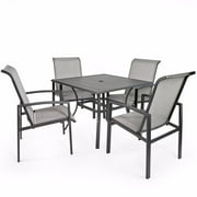 Barton 5-Piece Outdoor Patio Dining Set, Square Cast Iron Table with Umbrella Hole & 4 Mesh Armchairs, 4-Person, Vienna Gray
