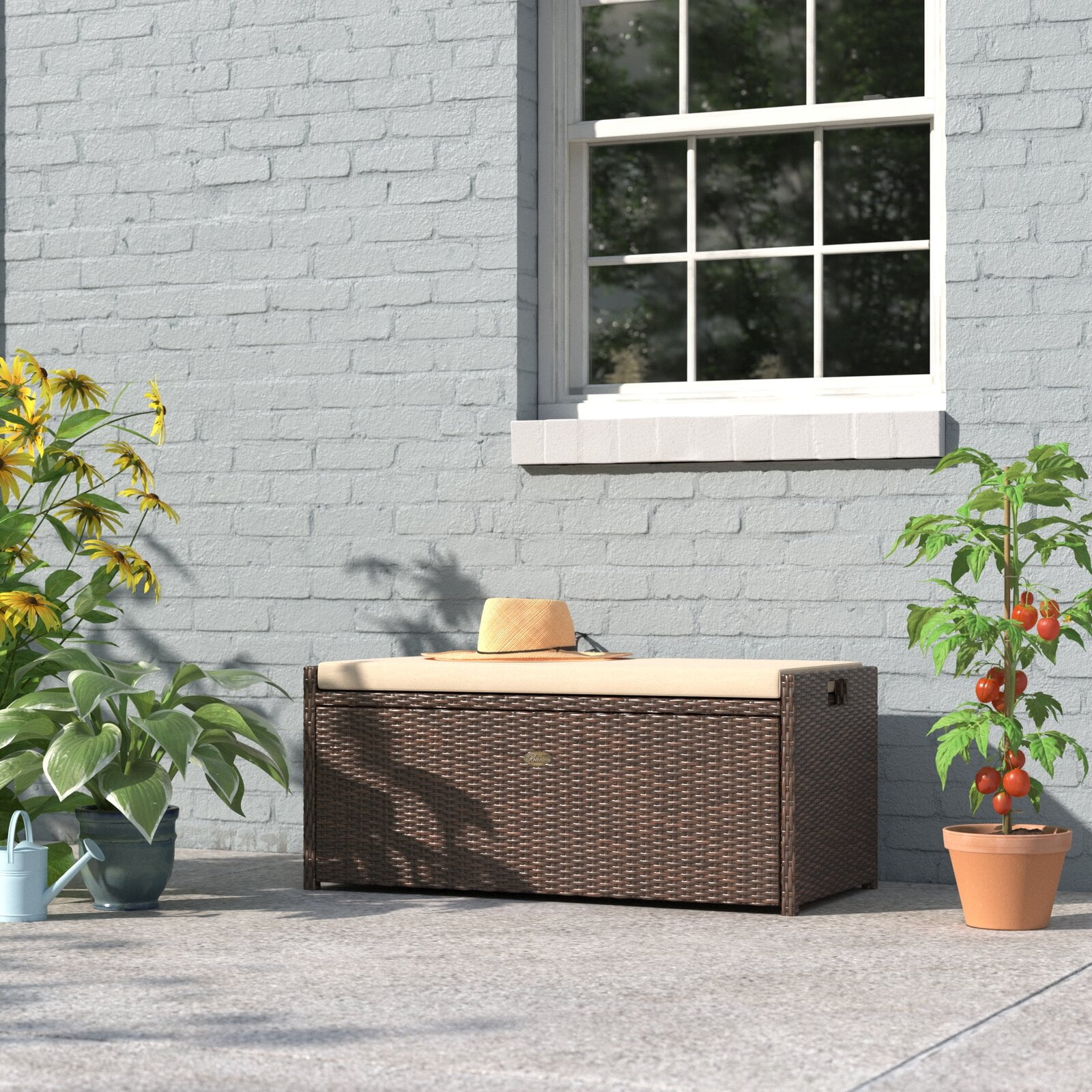 Brown Wicker 60 Gallon Outdoor Deck Box with Cushion
