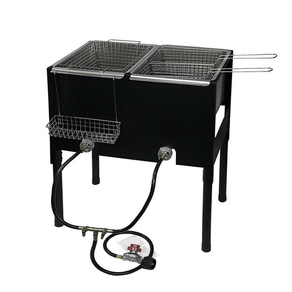 Barton Dual-Tank Propane Deep Fryer 3.25 Gal (13QT/52-Cup) Per Tank with Triple Fry Baskets, Commercial/home Outdoor Deep Fryer with Stand, LP Hose, Regulator & Thermometer