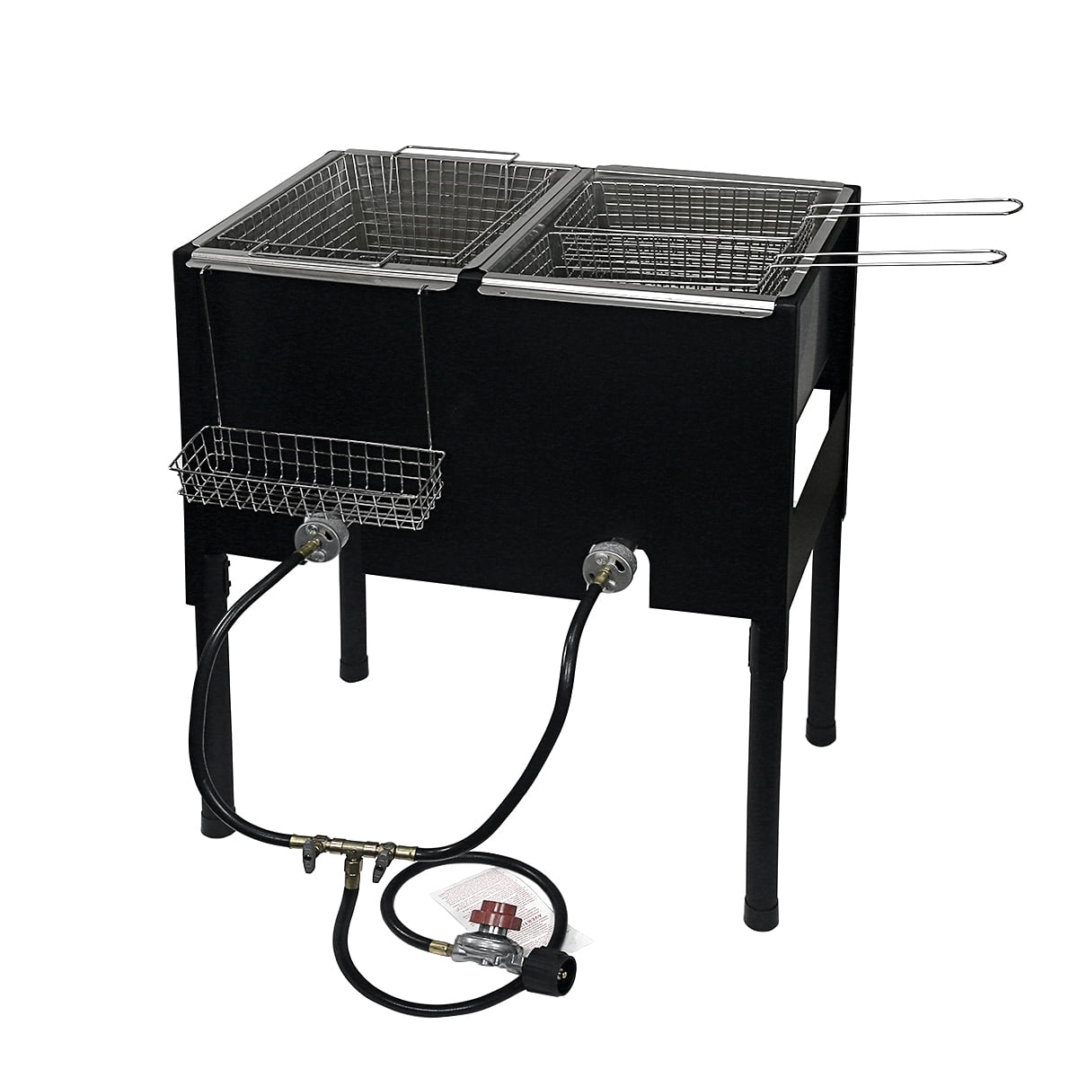 Outdoor Black Steel Dual Burner Propane Deep Fryer with Triple Baskets
