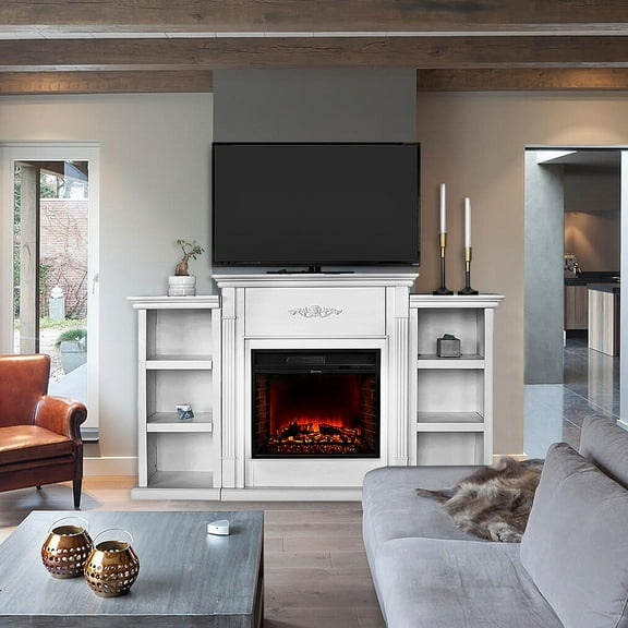 Barton 70” Freestanding Mantel Stand for 28” Electric Fireplace, Modern Media Fireplace Cabinet with Storage Shelves, White