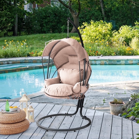Barton Egg Swing Chair With Stand, Hanging Egg Chair Outdoor, Rattan Wicker Patio Hanging Basket Hammock Chair With Canopy & UV Resistant Cushion For Indoor Bedroom Balcony, Brown