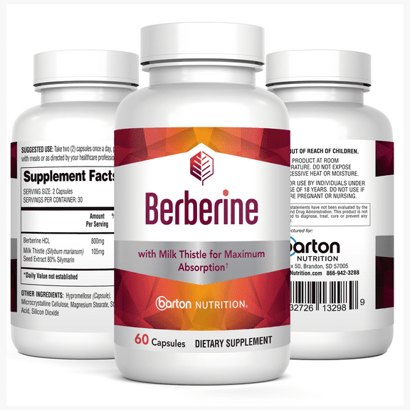 Barton Nutrition Berberine HCL 800mg, 60 Capsules - Plus with Milk Thistle for Optimal Absorption - Supports Metabolism and cadiovascular Health