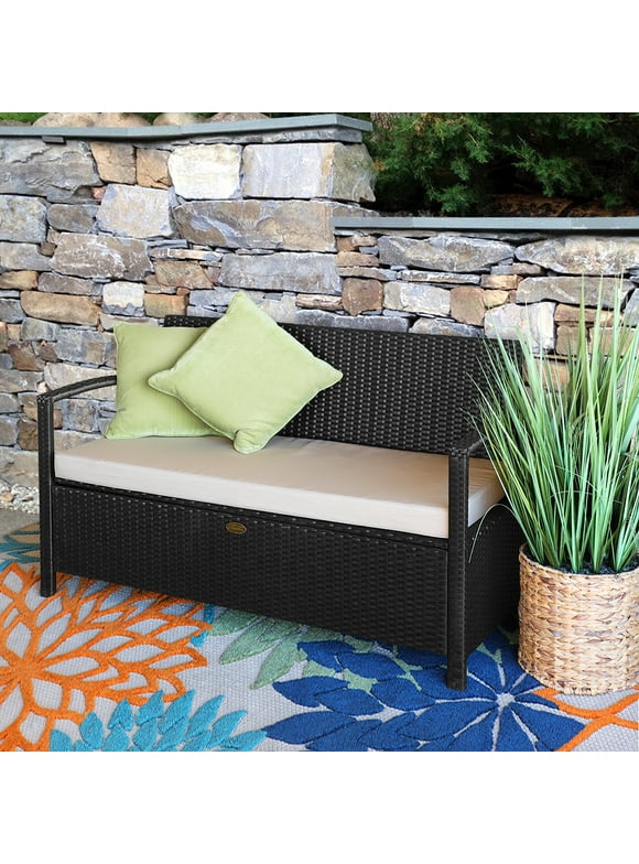 Barton Outdoor All-Weather Storage Bench Thick Seat Cushion w/ Backrest Patio Deck Box Wicker
