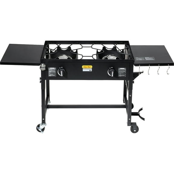 Barton 2 Burner Propane Camping Stove, 120,000 BTU Outdoor Gas Cooker with Folding Side Tables & Wheels