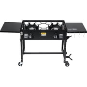 Barton 58,000 BTU Double Burner Propane Stove, Portable Outdoor Cooking Station with Folding Side Tables, Regulator & Hose, Wheels, Black