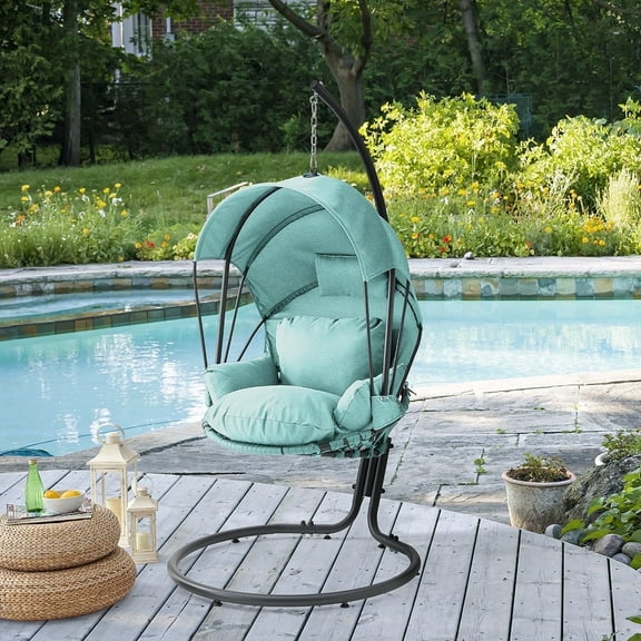 Barton Egg Swing Chair With Stand, Hanging Egg Chair Outdoor, Rattan Wicker Patio Hanging Basket Hammock Chair With Canopy & UV Resistant Cushion For Indoor Bedroom Balcony, Aqua