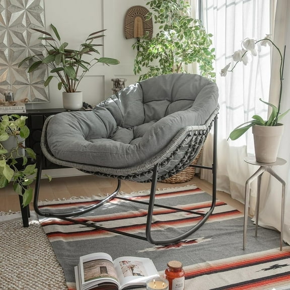 Barton Outdoor Egg Rocking Chair, Rattan Wicker Papasan Lounge Chair for Patio/Porch or Indoor Bedroom & Living Room, Gray