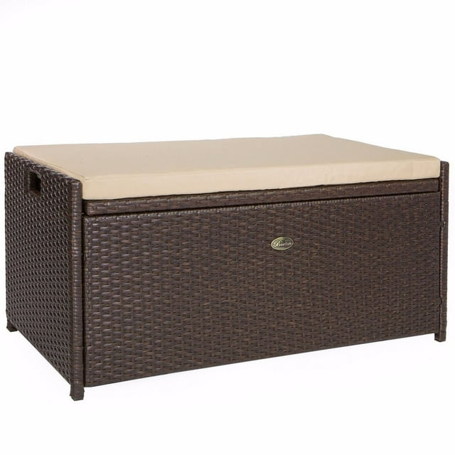 Barton Outdoor Storage Deck Box, 60 Gallon Wicker Patio Bin & Bench With Cushion, Waterproof & UV Resistant