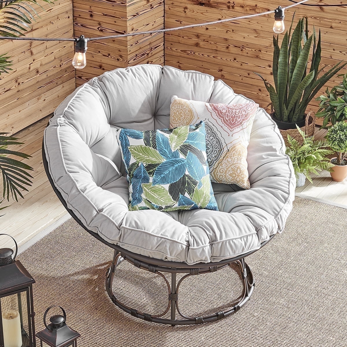 Barton 46'' Large Size Papasan Chair With Cushion & Frame, Overstuffed Thickened Papasan Lounge Chair With Cushion & Frame, Lazy Chair, Circle Chair, Round Chair, Grey