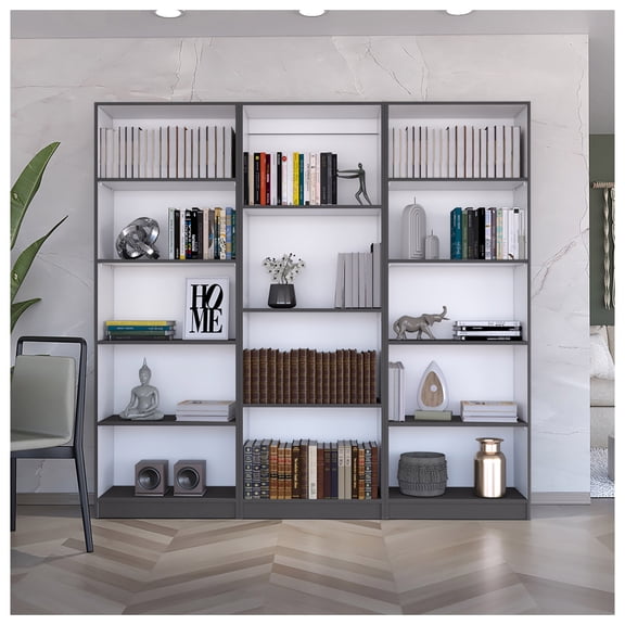 Bartow 3 Piece Home Bookcase set, 74" Wide with 14 Shelves , Living Room Set Set Matt Gray - White Freestanding + Multicolor + Office + Modern + Particle Board