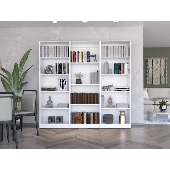 Bartow 3 Piece Home Bookcase set, 74" Wide with 14 Shelves , Living Room Set Set White