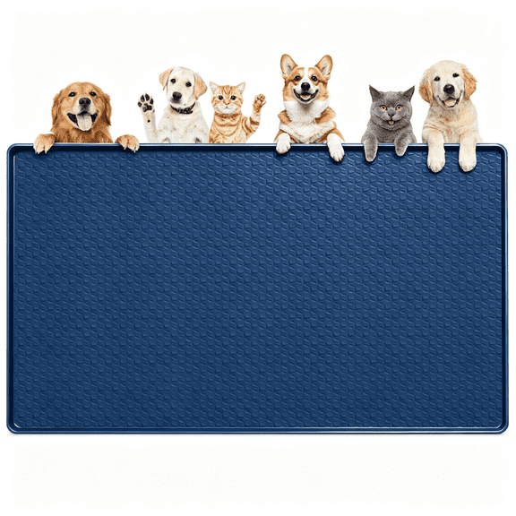 Bartuke Extra Large Dog Food Mat 51"x25.6" Silicone, Raised Edge Leakproof Non-Slip, Easy Clean, Navy Blue