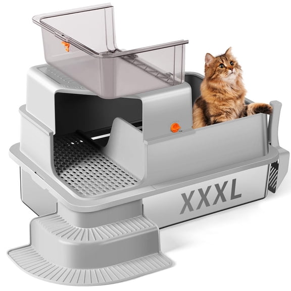 Bartuke XXXL Stainless Steel Cat Litter Box 28"x20"x18", High Sided Enclosed with Filter Grid, Cat Step, Scoop, Odor-Free Easy Clean, Grey