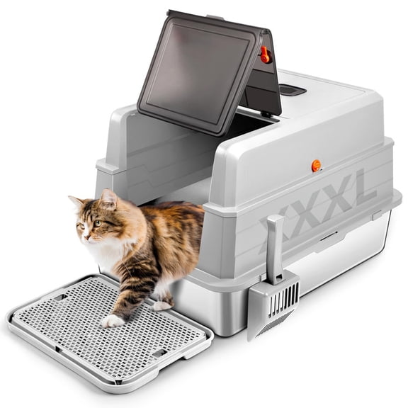Bartuke XXXL Stainless Steel Enclosed Cat Litter Box, High-Sided for Big Cats, Odor Control, Leak-Proof, Easy Cleaning, with Scoop & Cat Step, Light Grey