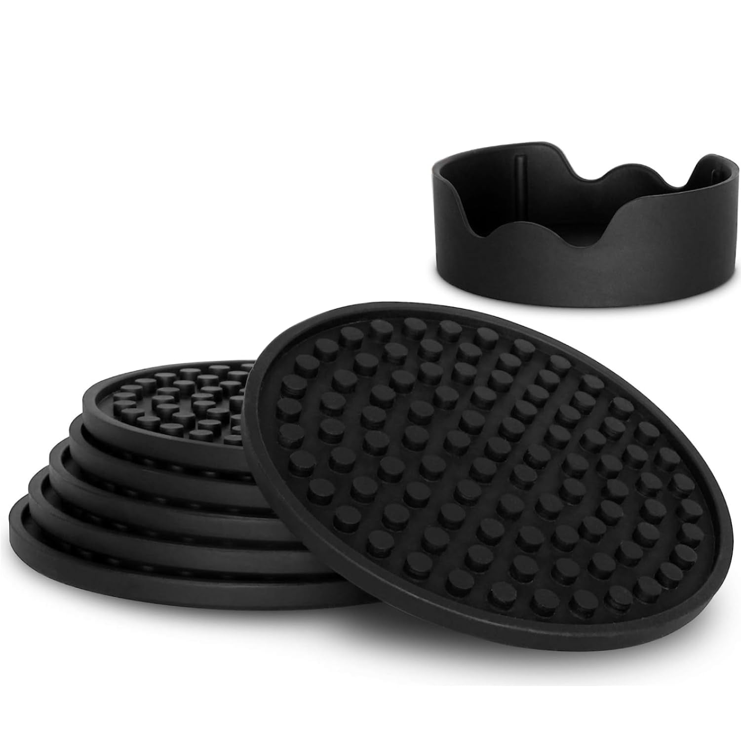 Black Rubber Anti-Slip Coasters with Holder Set of 8