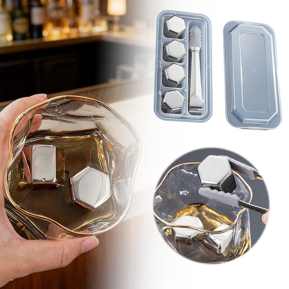 Barware Set 4PCS Stainless Steel Reusable Ice Cubes with Silicone Clip, Quick Freeze Stones for Chilling Gin, Gift Box Included for Home Bar